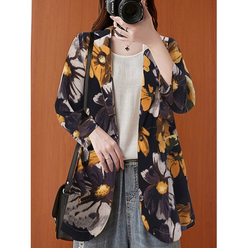 Women Full Sleeve Lapel Floral Bohemian Leisure Retro Thin Suit
