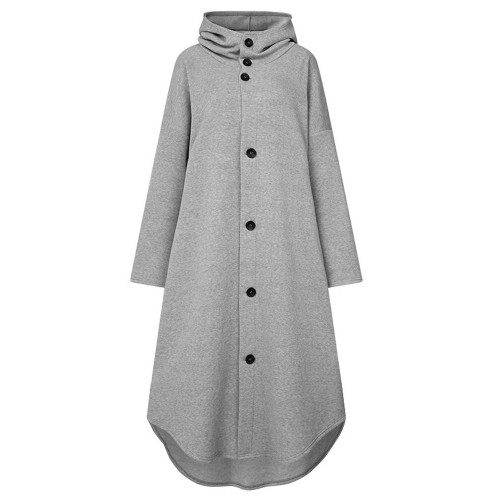Women Solid Color Button Down Front Pocket Mid-Calf Length Hoodie Jacket