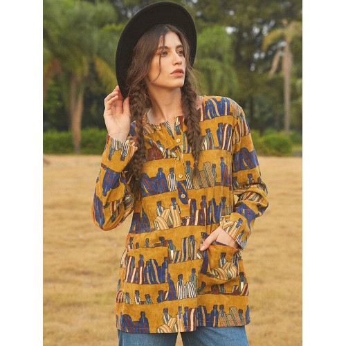 Vintage Corduroy Print Half Button Crew Neck Long Sleeve Blouse