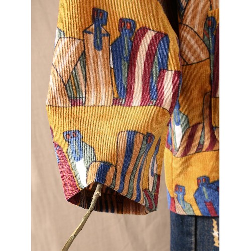 Vintage Corduroy Print Half Button Crew Neck Long Sleeve Blouse