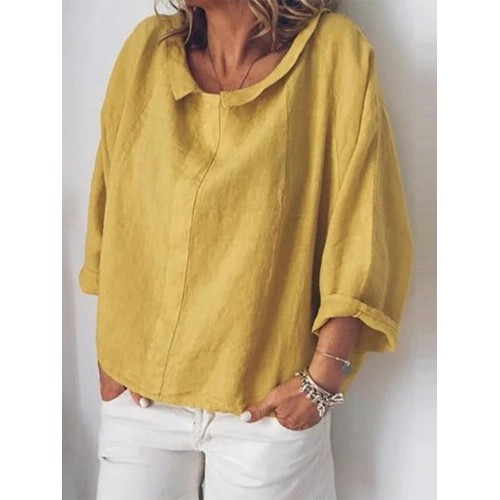 Women Casual Cotton Pure Color Long Sleeve Blouse