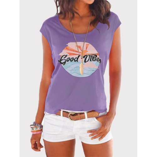 Women Daily Casual Print Short Sleeve T-shirts Wild Blouse