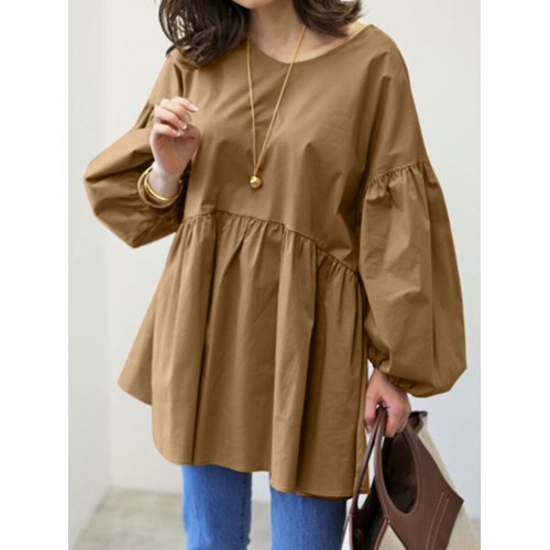 Women Puff Sleeve Loose Spliced Pleats Solid Long Sleeve Casual Shirts
