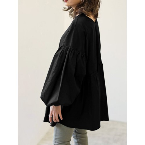 Women Puff Sleeve Loose Spliced Pleats Solid Long Sleeve Casual Shirts