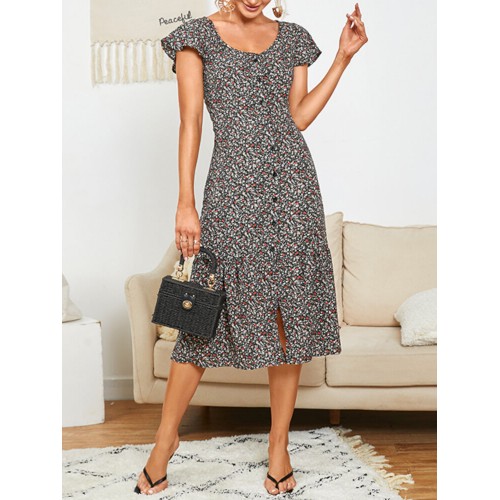 Elegant European Style Ruffles Floral Casual Dress For Women