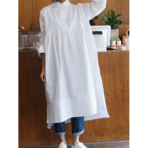 Women Casual Loose Midi Buttons Long Sleeve Collar Shirt Dress