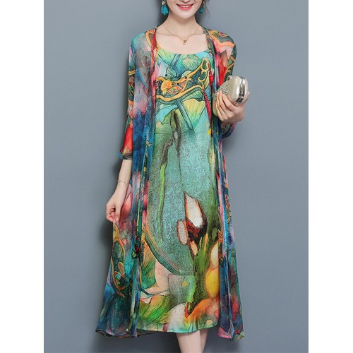 Women Floral Print Two Pieces Set Straps 3/4 Sleeve Vintage Dress