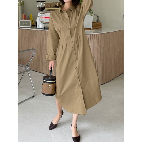 Women Shirt Collared Spliced Buttons Pleated Solid Casual Midi Dresses