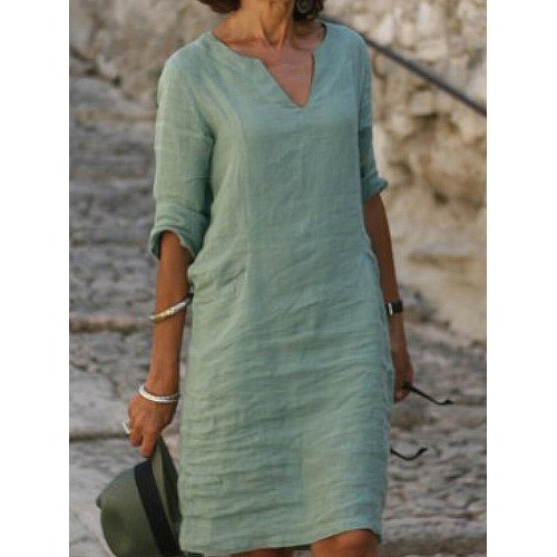 Women Solid Color Notched Neckline Half Simple Sleeve Dresses