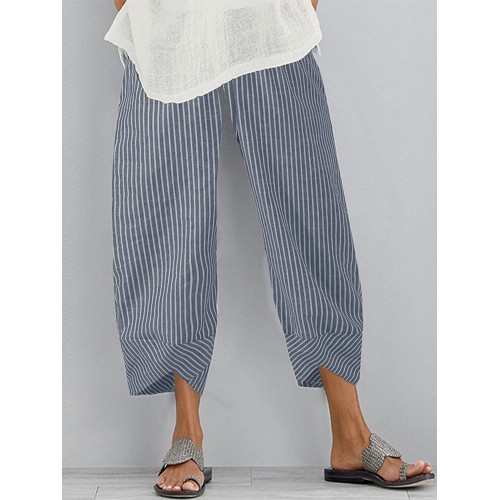 Casual Loose Striped Elastic Waist Irregular Hem Side Pocket Pants For Women
