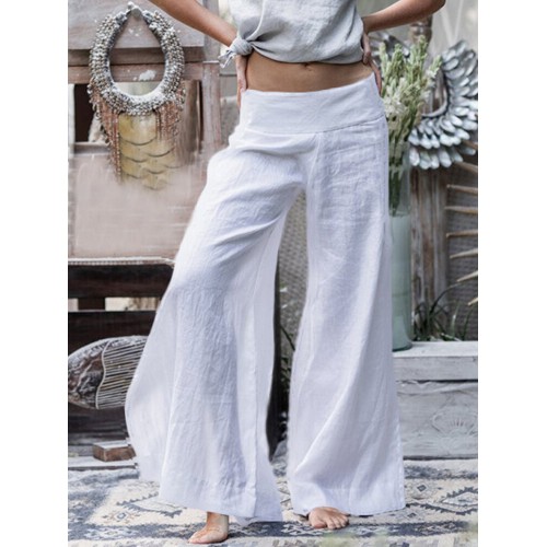 Wide Leg Women Casual Loose Solid Color Elastic Waist Trousers Pants