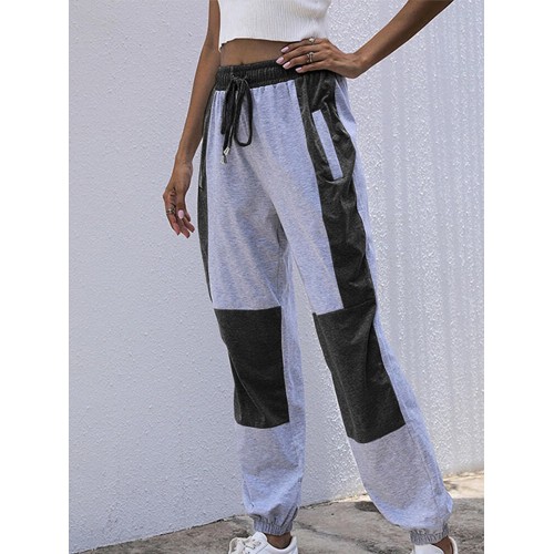 Women Color Block Patchwork Drawstring Waist Jogger Pants With Pocket