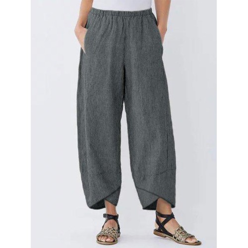 Women Elastic Waist Striped Harem Pants Irregular Hem Trousers