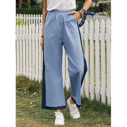 Women Patchwork Elastic Waist Casual Wide Leg Pants With Pocket