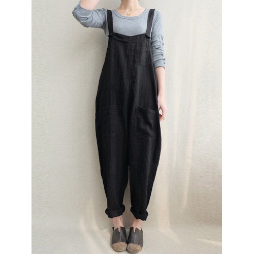 Women Solid Color Cotton Strappy Pocket Loose Harem Jumpsuit