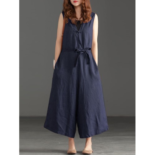 Women Wide Leg Cotton Solid Color V-Neck Sleeveless Jumpsuit with Pockets