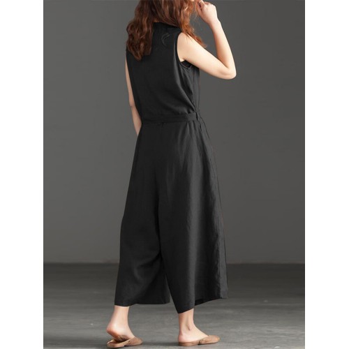 Women Wide Leg Cotton Solid Color V-Neck Sleeveless Jumpsuit with Pockets