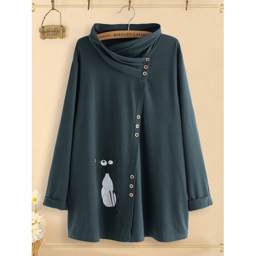 Cartoon Cute Cat Turtleneck Asymmetrical Button Plus Size Blouse