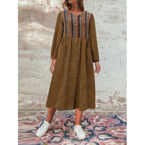 Plus Size Corduroy Striped Patchwork Button Vintage Dress