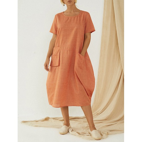 Plus Size Summer Baggy Big Pockets Short Sleeve Casual Dress