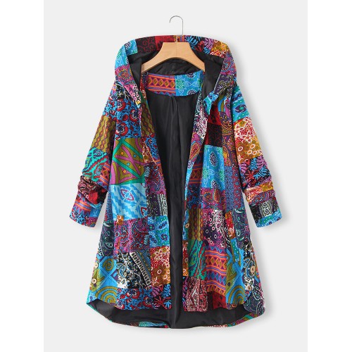 Plus Size Women Ethnic Style Printed Button Up Hooded Coats With Pocket