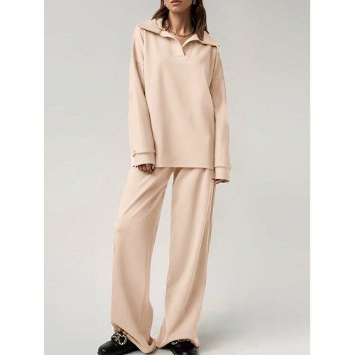 Solid Zip Elastic Waist Long Sleeve Wide Leg Two Pieces Set