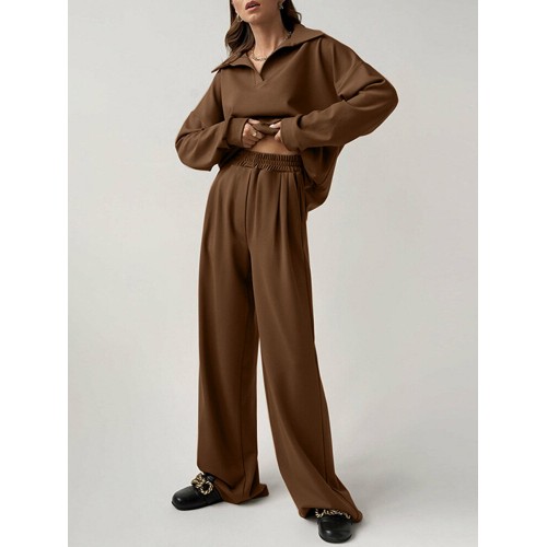Solid Zip Elastic Waist Long Sleeve Wide Leg Two Pieces Set