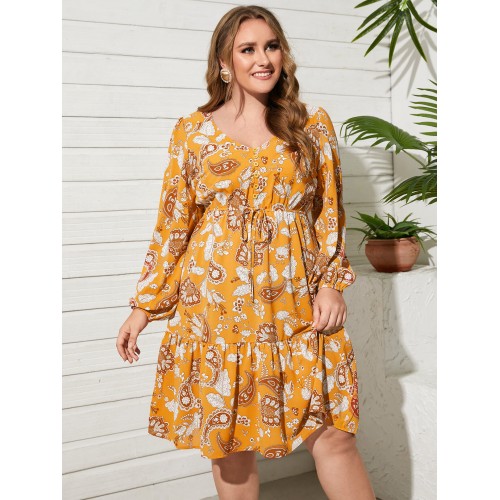 YOINS Plus Size V-neck Paisley Button Design Tie-up Design Dress