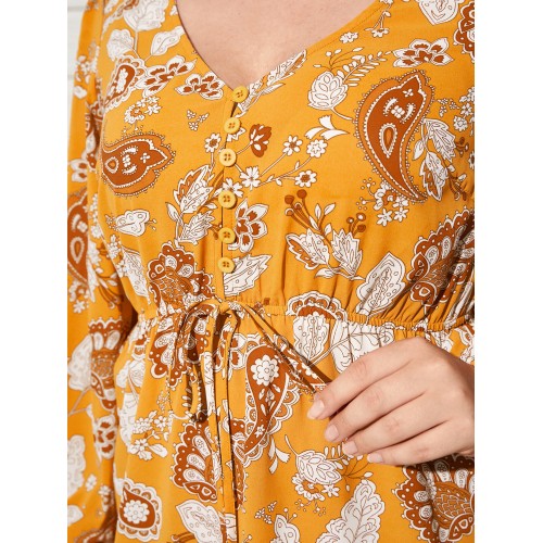 YOINS Plus Size V-neck Paisley Button Design Tie-up Design Dress