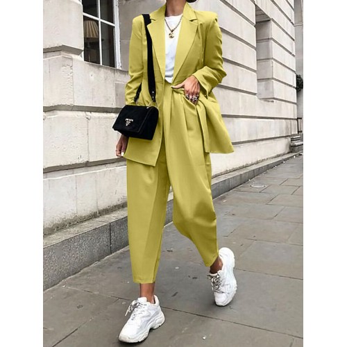 Women Commute Two-Piece Solid Color Maxi Length Lapel Zipper Casual Suits