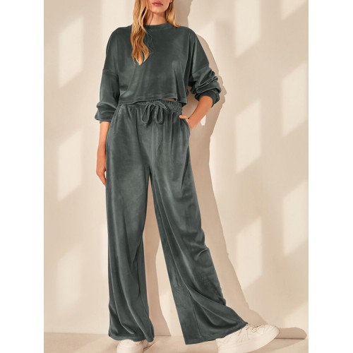 Women Puff Sleeve Thick Maxi Length Side Pockets Solid Two-Piece Sets