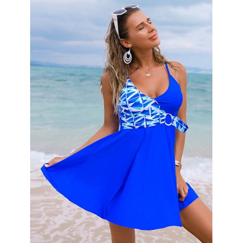 Geometric Polka Dot Patchwork Ring Trim Beach Swimdress