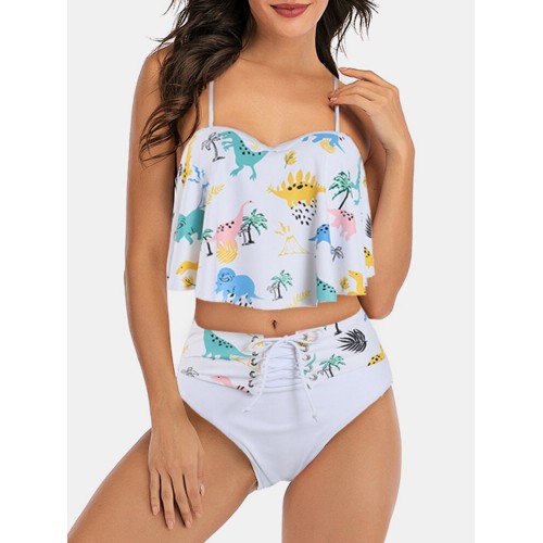 Plus Size Women Floral Print Spaghetti Straps High Waist Bandage Tankini