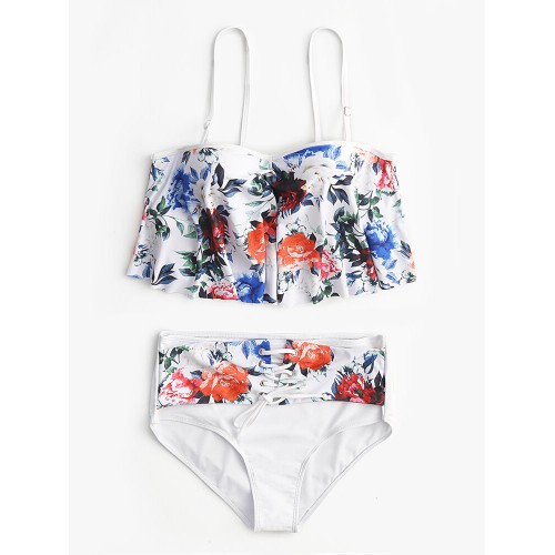 Plus Size Women Floral Print Spaghetti Straps High Waist Bandage Tankini