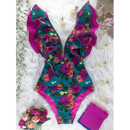 Women Floral Print Ruffle Trim Backless One Piece Swimwear