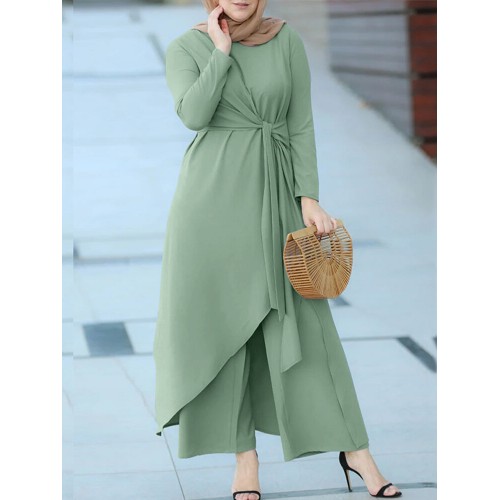 Women Solid Tie Irregular Top Wide Leg Pants Kaftan Two-Piece Set