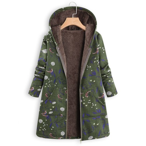 Floral Print Hooded Long Sleeve Pockets Vintage Jacket Coats