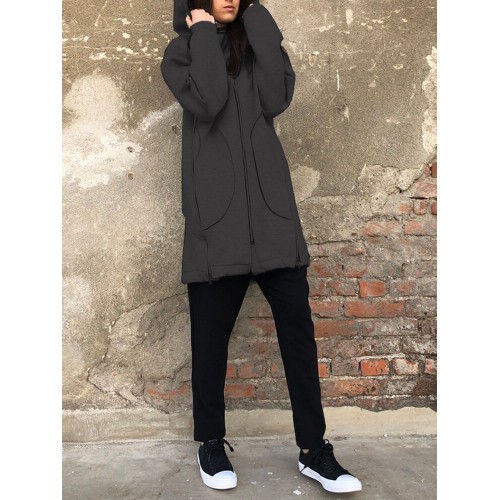 Solid Color Zipper Side Split Long Sleeve Coats