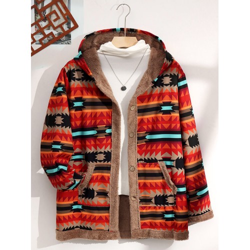 Women Hooded Fluffy Ethnic Pattern Patchwork Pocket Buttons Casual Coats