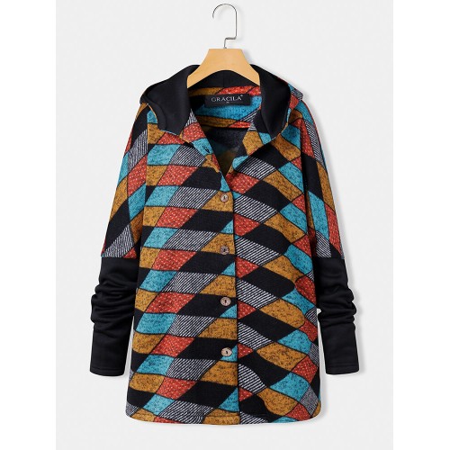 Women Vintage Geometric Color Block Print Patchwork Long Sleeve Hooded Coats