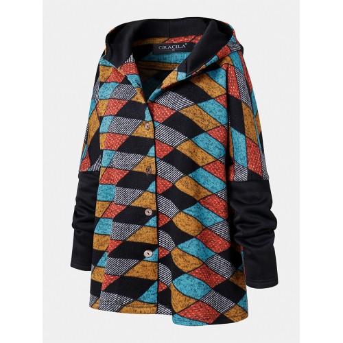 Women Vintage Geometric Color Block Print Patchwork Long Sleeve Hooded Coats
