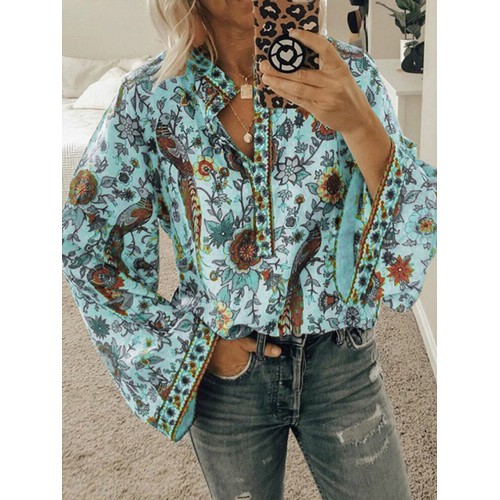 Ethnic Floral Print V Neck Long Sleeved Bohemian Shirts For Women