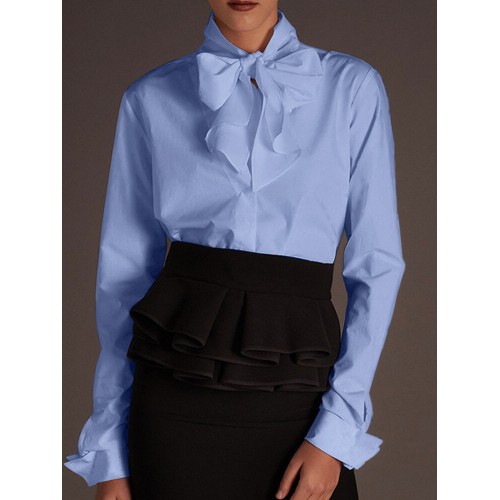 Women Casual Solid Color Tie Front Long Sleeve Simple Shirts