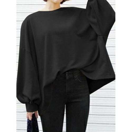 Women Puff Sleeve Spliced Solid Loose O-Neck Casual Pullover Sweatshirt