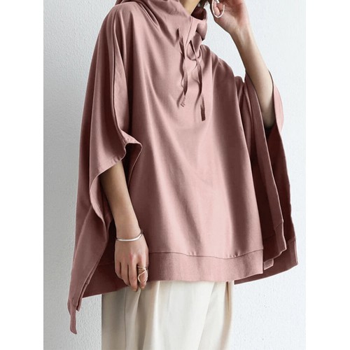 Women Solid Color Turtleneck Collar Dolman Sleeveless Retro Hooded Sweatshirt