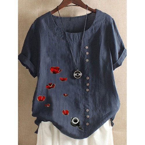 Women Vintage Red Flower Print Button Casual Loose T-shirts