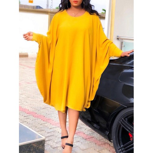 Solid Batting Sleeve Loose Crew Neck Midi Dress Women