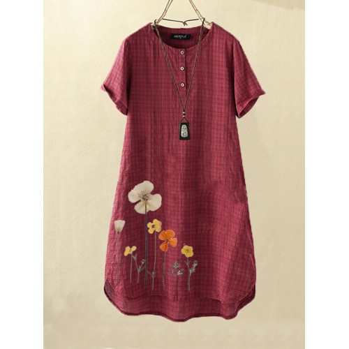 Women Flower Print High-Low Hem Short Sleeve Casual Dress