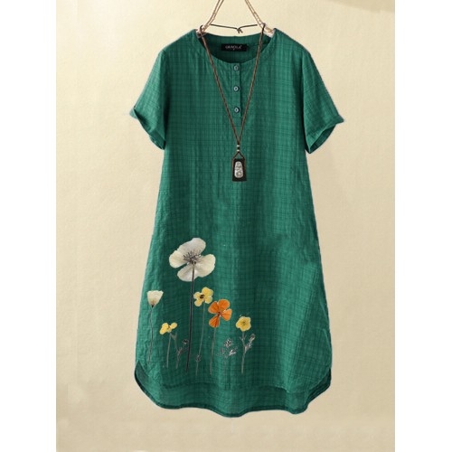 Women Flower Print High-Low Hem Short Sleeve Casual Dress