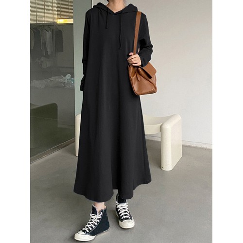 Women Loose Thick Sweatshirt Calf Length Side Pockets Midi Dresses